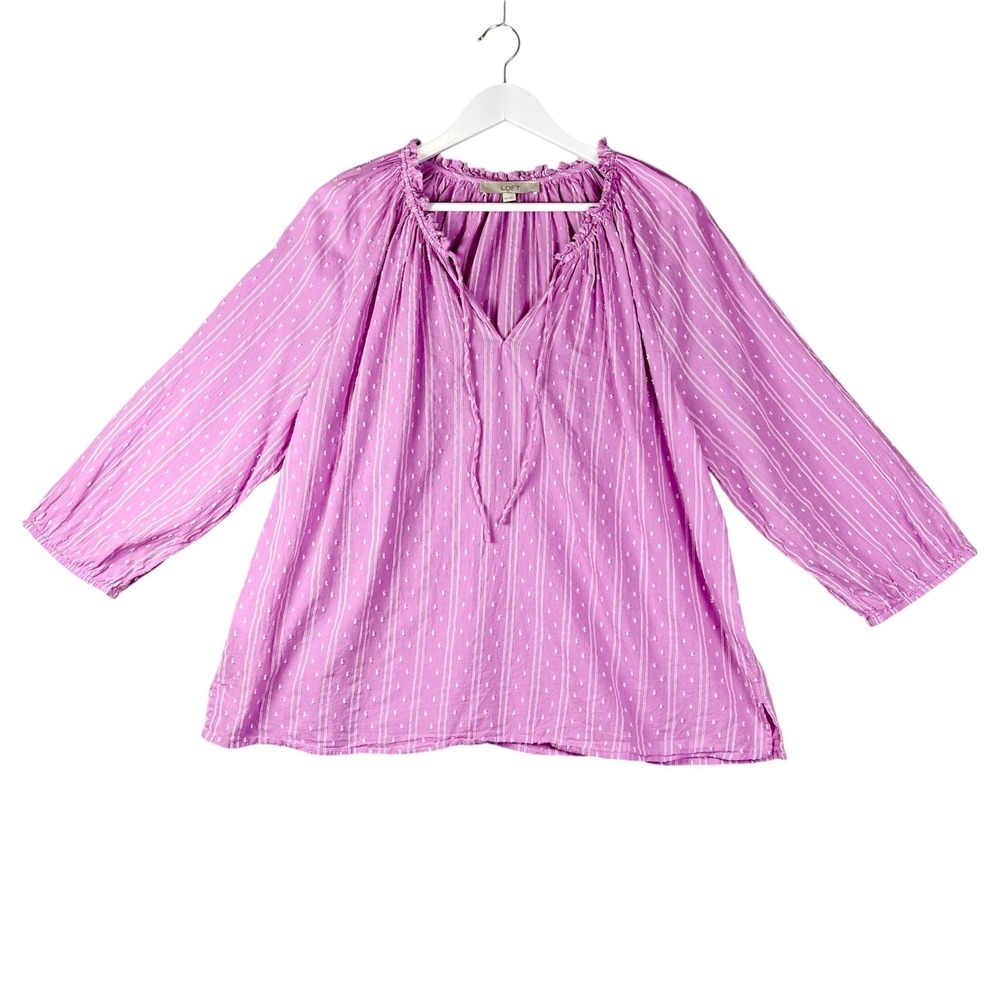 LOFT Lilac Purple Top Womens 2X XXL Split Neck w/Tie White Ornate Stitching Boho